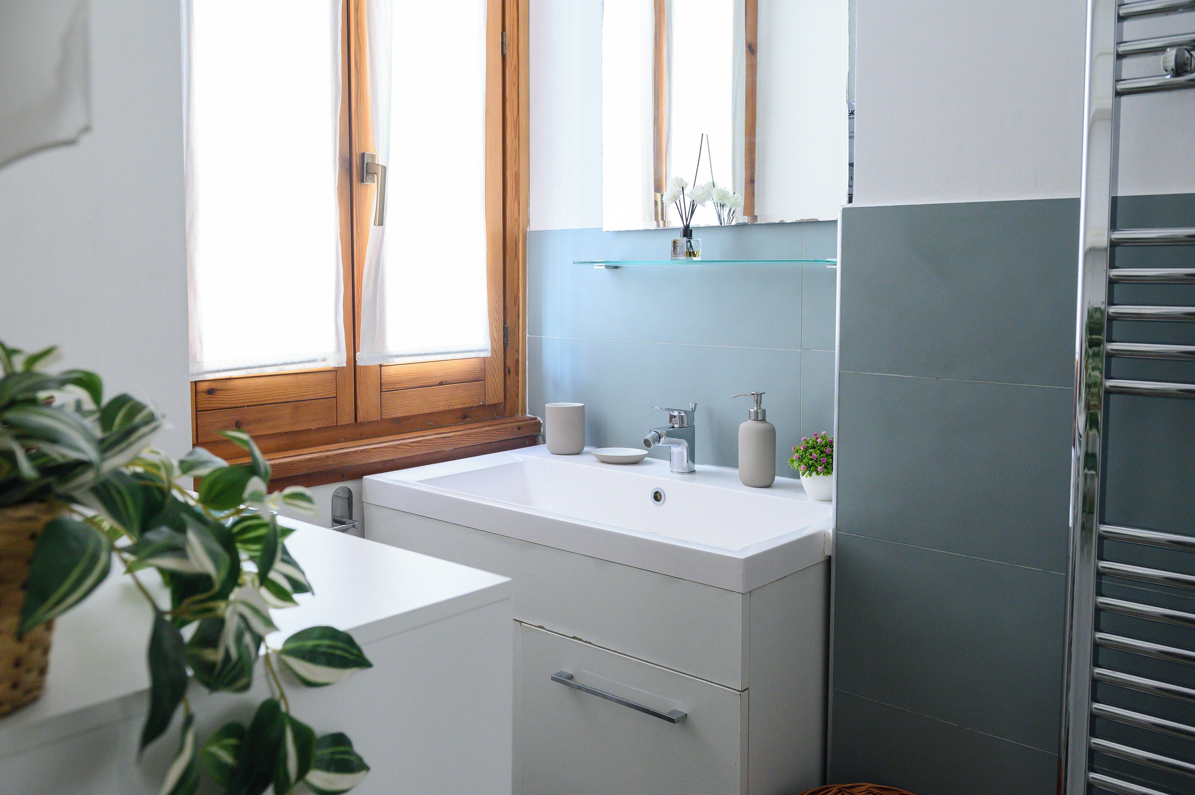 Une salle de bain avec un lavabo blanc, un miroir, une étagère en verre au-dessus du lavabo et une plante en pot.
