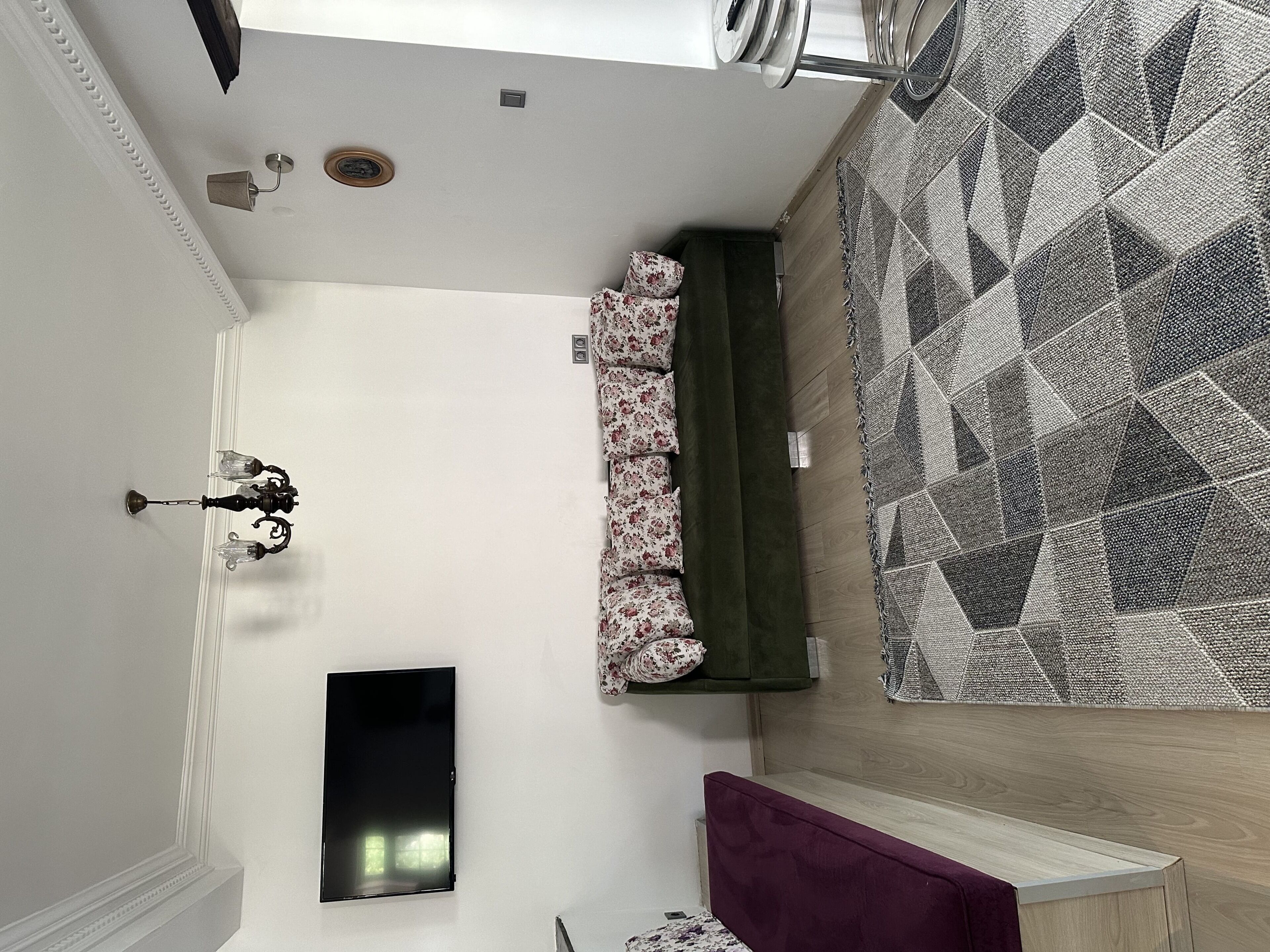 Una habitación con un ventanal grande, un televisor de pantalla plana montado en la pared, un tapete estampado y un sofá verde.