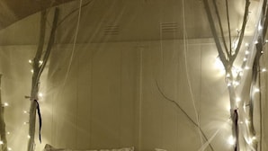 Ein Bett mit einem gemusterten Bettbezug, zwei Kissen und Blick auf einen Raum mit Holzwänden und mit Lichtern geschmückten Ästen.