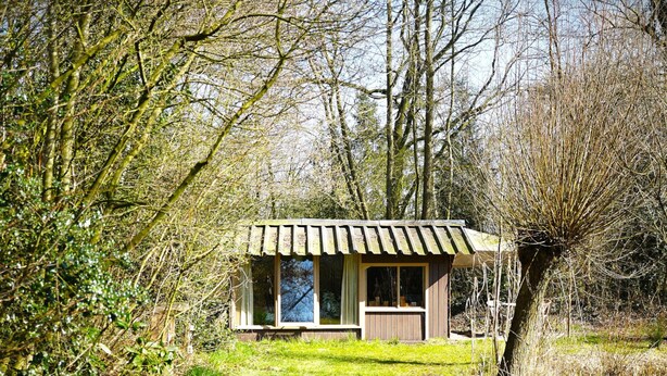 Eine kleine Holzhütte mit geneigtem Dach, umgeben von Bäumen und Gras.