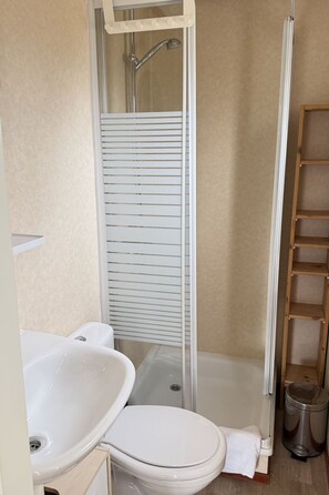 A bathroom with a toilet, sink, shower enclosure, and a wooden shelf. - Vakantiepark de Nollen - L001 by Interhome (Callantsoog)
