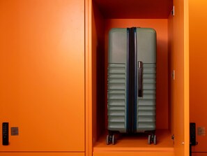 A suitcase in a compartment with a control panel and a lock. - Bob W Athens Stadiou (Athina)
