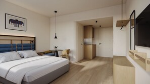 Habitación de hotel moderna con una cama grande, un escritorio, una silla, un televisor y una zona de cocina.