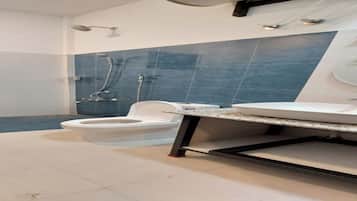 Een badkamer met toilet, douche en wastafel.