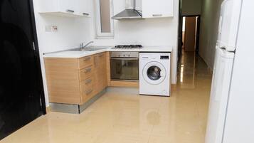 Une cuisine compacte équipée d’une cuisinière à gaz, d’un four, d’un lave-linge et d’un évier.