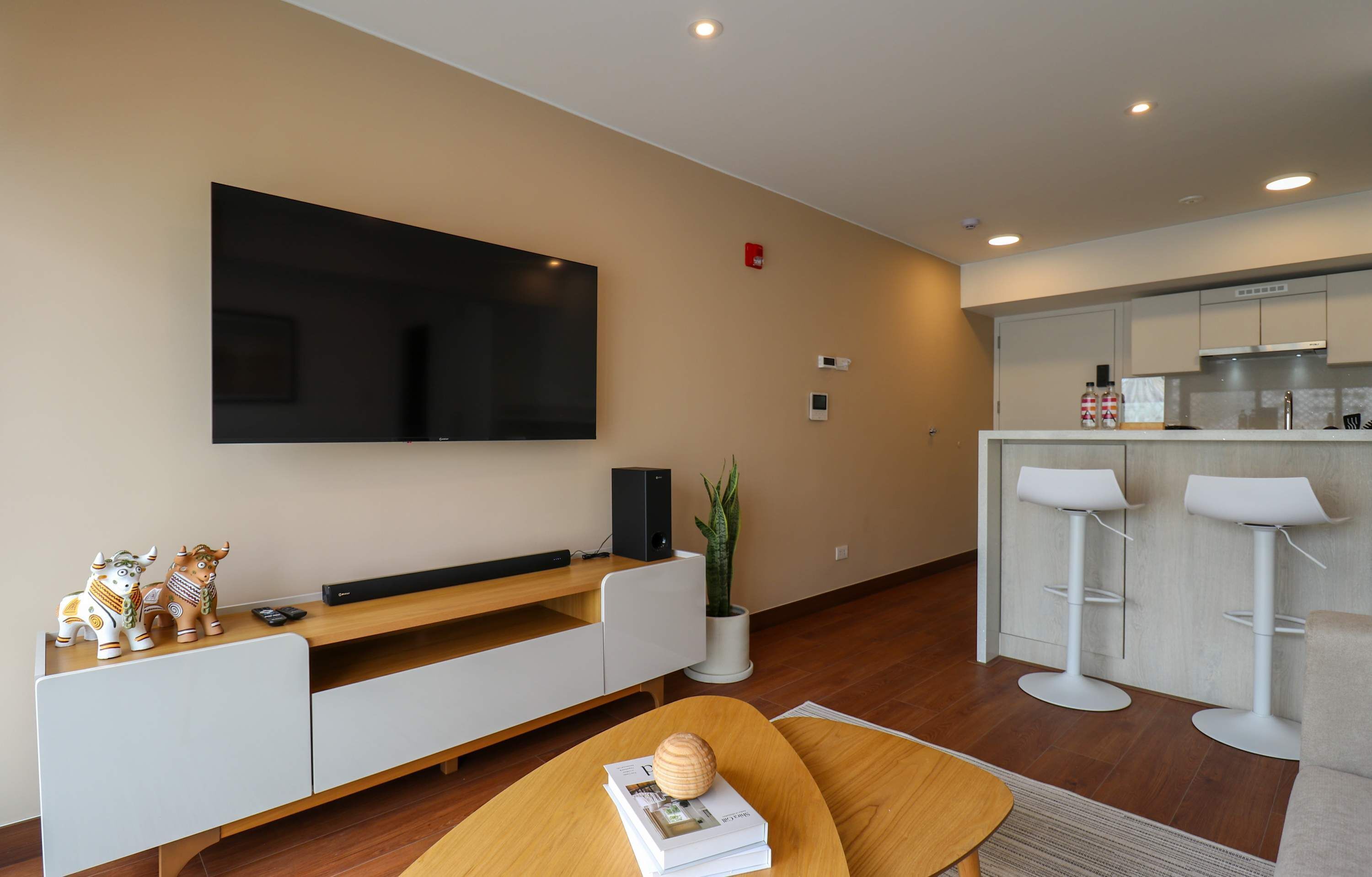 A modern living room with a flat-screen TV, a coffee table, and a sofa. There is a kitchen area with bar stools and a countertop.