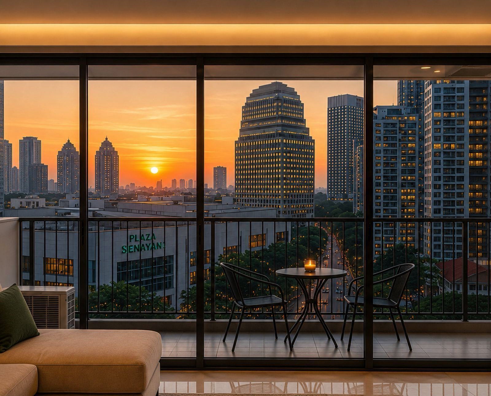 A balcony with a city view at sunset, featuring a sofa, two chairs, and a small table with a candle.