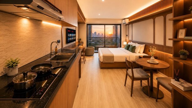 Una habitación de hotel moderna con cocina, comedor y una cama grande con vista a la ciudad.