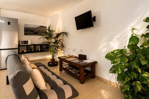 A living room with a sofa, a coffee table with books, a television mounted on the wall, and a potted plant. - Casa Carla Terraza BBQ y Jard n Volc Nico (Tinajo)