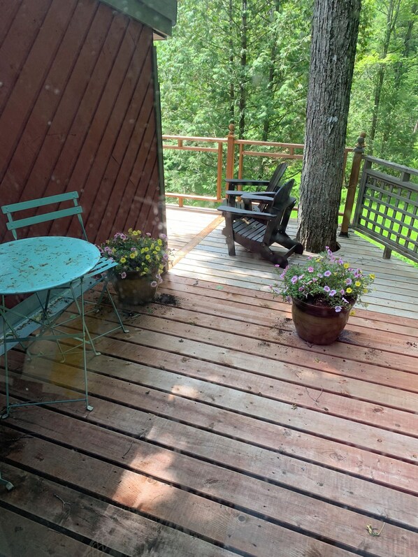 A wooden deck with a table and chairs, surrounded by potted plants.