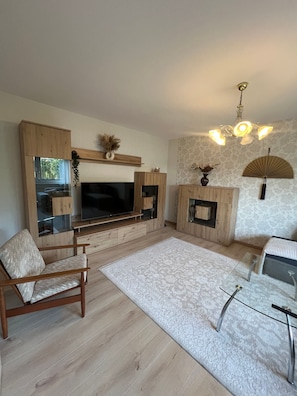 A modern living room with a flat-screen TV, wooden cabinets, a glass coffee table, and a patterned rug. - Apartment 'Waldnest ' with private terrace and Wi-Fi (Walhausen)