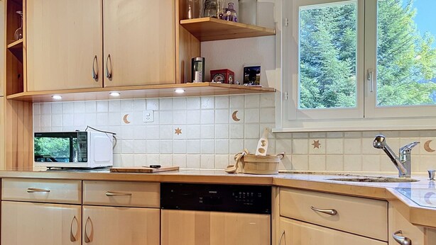 A kitchen with wooden cabinets, a microwave, a dishwasher, and a window with a view of trees. - Cosy apartment in villa for 4 guests with WIFI, terrace and pets allowed (Châtel-saint-denis)