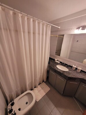 A bathroom with a shower curtain, a sink, a mirror, and a bidet. - Recoleta Apartment with a Spacious Patio (Buenos Aires)