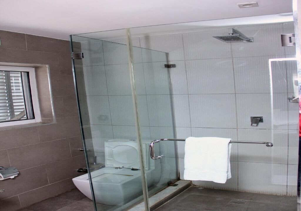 Une salle de bain moderne avec une douche à parois de verre, des toilettes et un porte-serviettes.