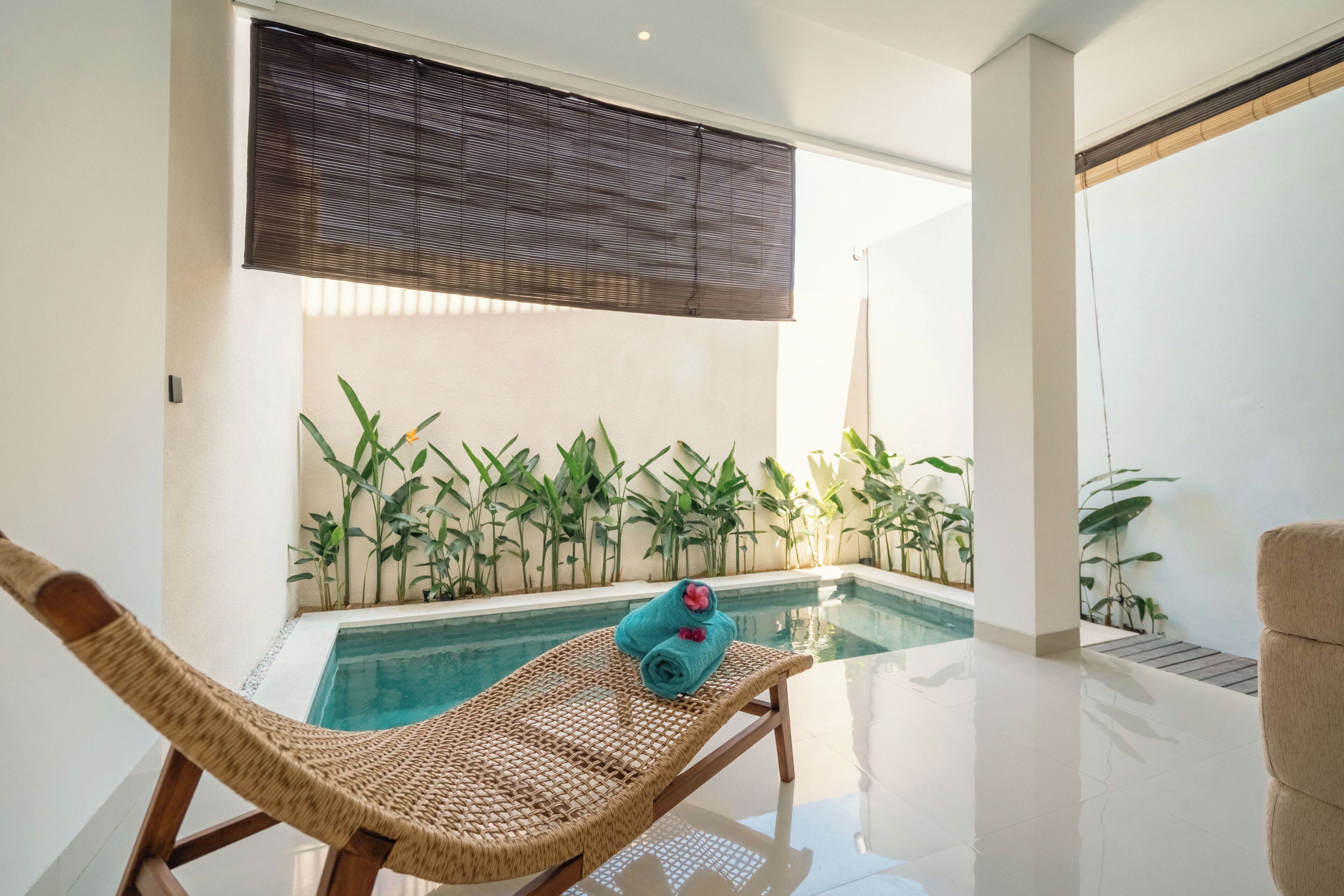 Zona de piscina con una silla de descanso, una piscina pequeña y una fila de plantas junto a la pared.