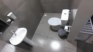 Un bany petit i modern amb vàter, rentamig i paperera.