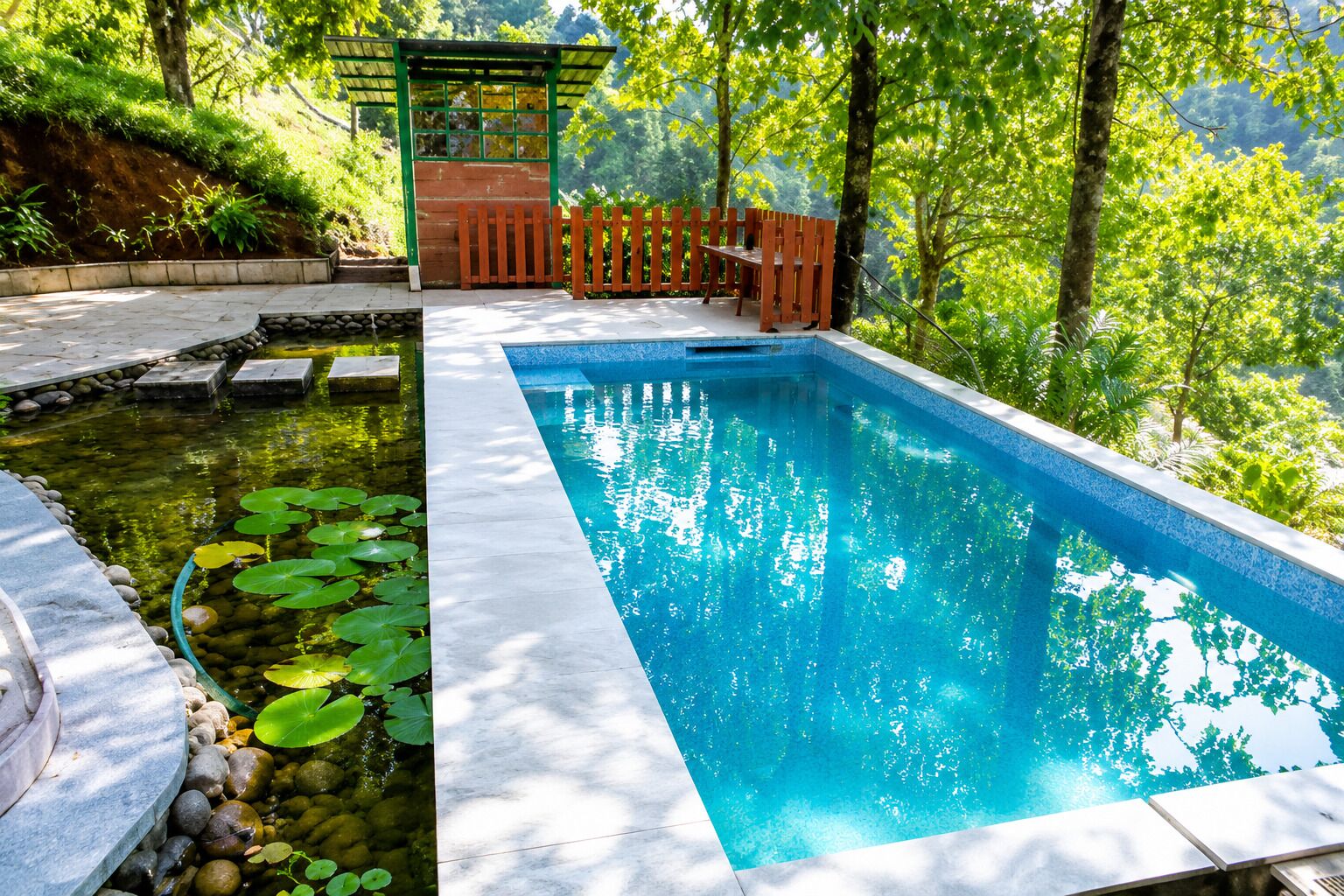 A rectangular pool with a clear blue water surface, surrounded by a stone deck and a small pond with lily pads.
