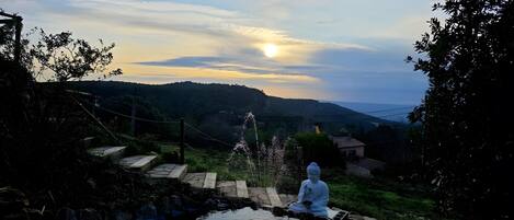 A serene outdoor setting with a Buddha statue by a reflective water body, surrounded by greenery and hills in the background.