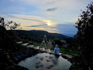 Un'ambientazione esterna tranquilla con una statua di Buddha accanto a uno specchio d'acqua, circondata da vegetazione e colline sullo sfondo.