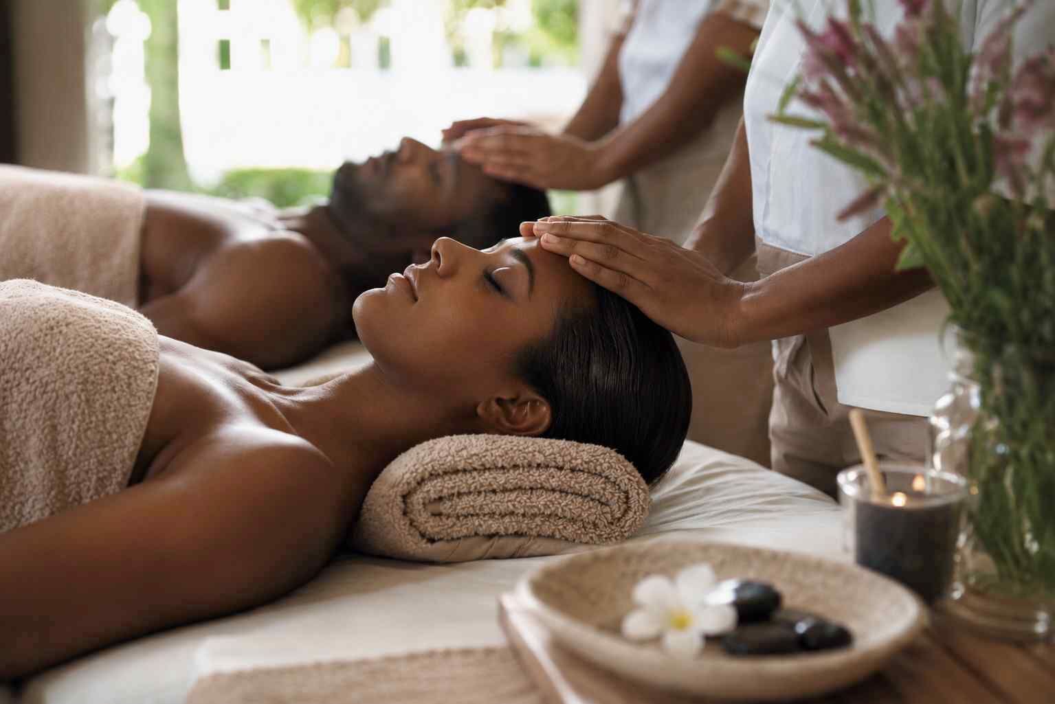 Une séance de massage où une personne est allongée sur une table de massage, une autre personne s’occupe d’elle, et un bol rempli de pierres et une fleur sont posés sur la table.