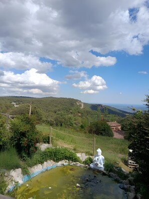 Un paesaggio tranquillo con cielo sereno, uno stagno e una statua.