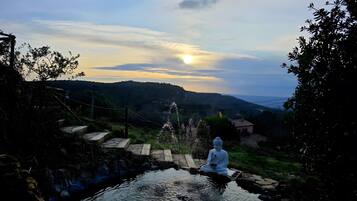 A serene outdoor setting with a statue, a small pond, and a mountainous backdrop.