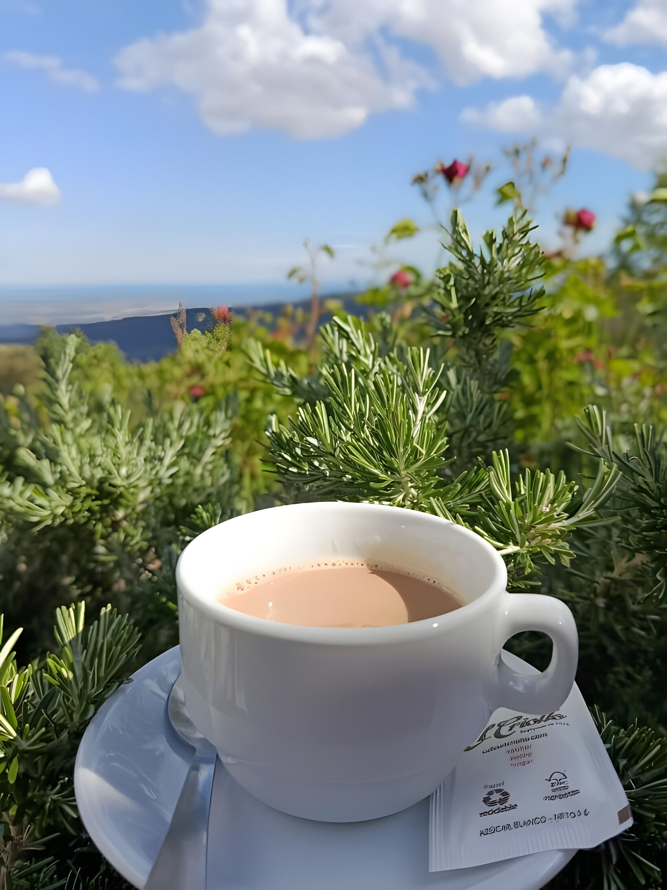Una taza blanca de té sobre un platillo con una bolsita de té, frente a un fondo de follaje verde y una vista distante del paisaje.