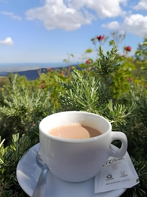 Una tazza di tè bianca su un piattino, con una bustina di tè, su uno sfondo di verdeggiante vegetazione e una vista lontana del paesaggio.