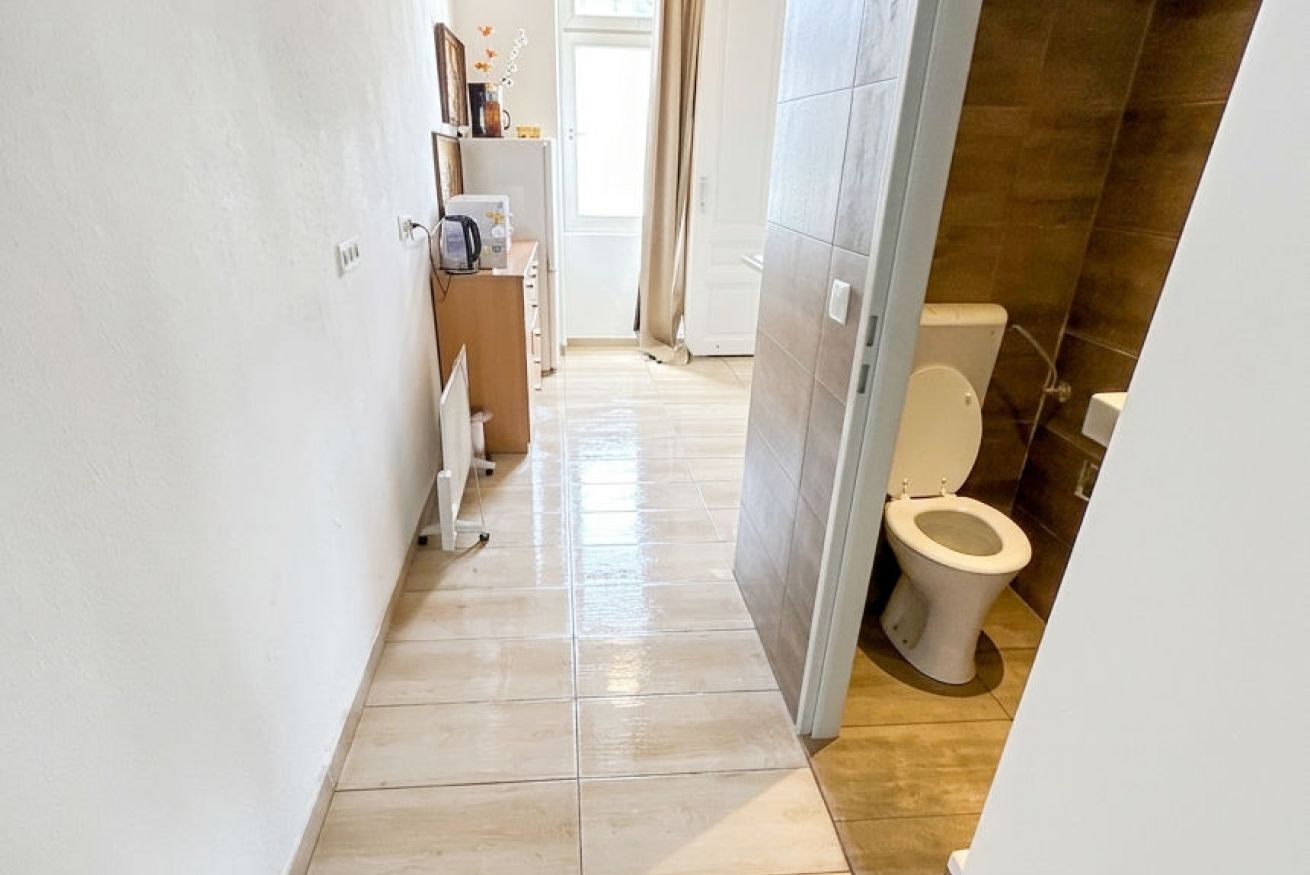 A narrow hallway leading to a bathroom with a toilet and a shower area.