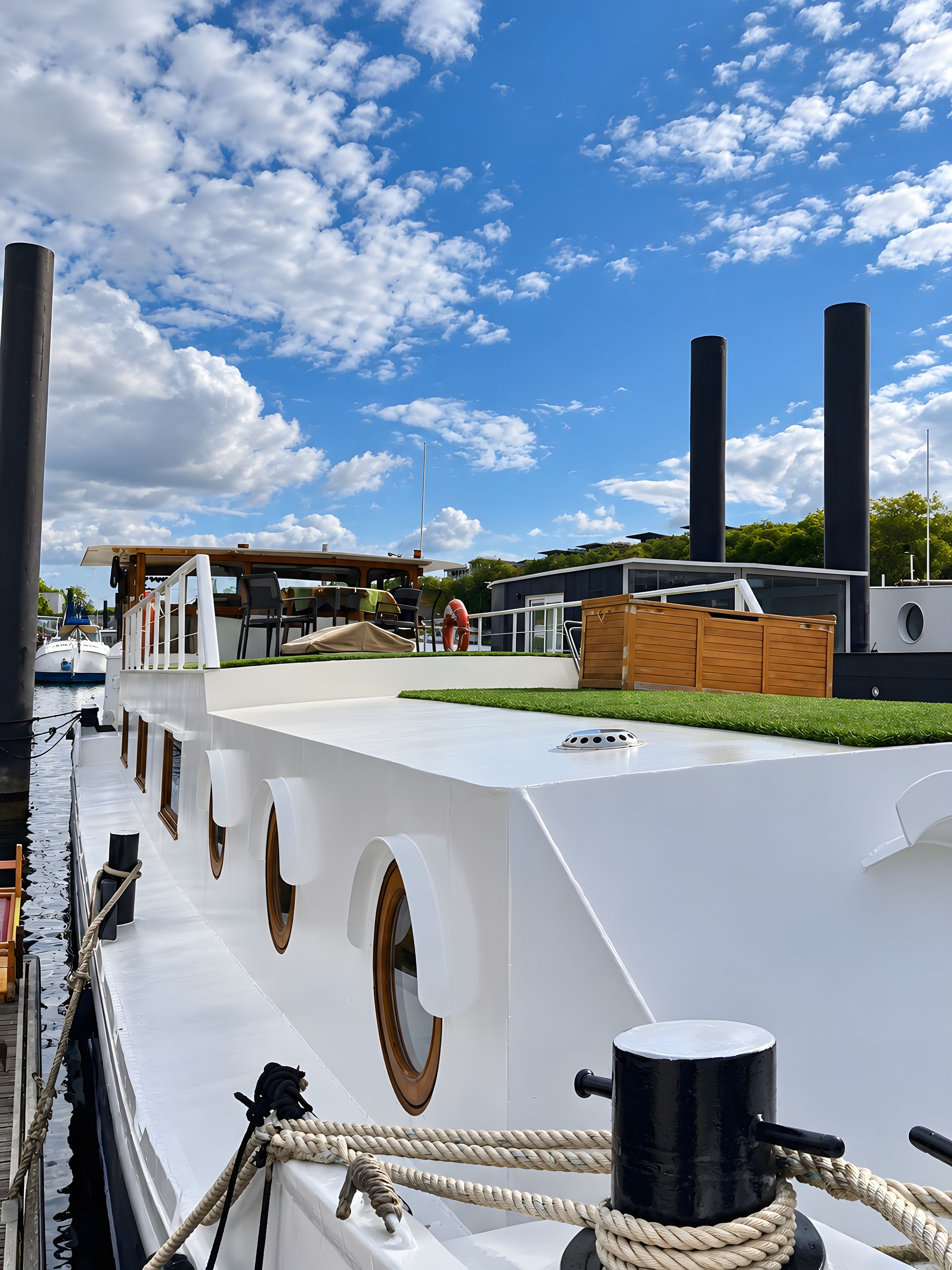 Un barco blanco con varias ventanas y zona de cubierta, amarrado en un puerto deportivo con cielo despejado y nubes.