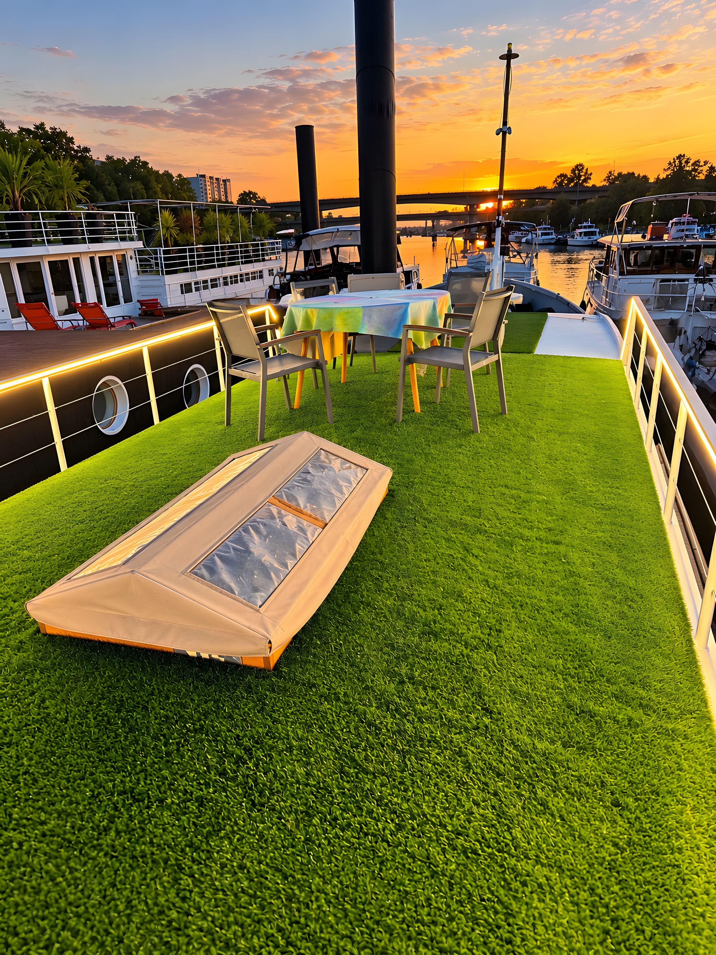 Una terraza en la azotea con césped artificial, una mesa con sillas y vistas a barcos y un puente al fondo.