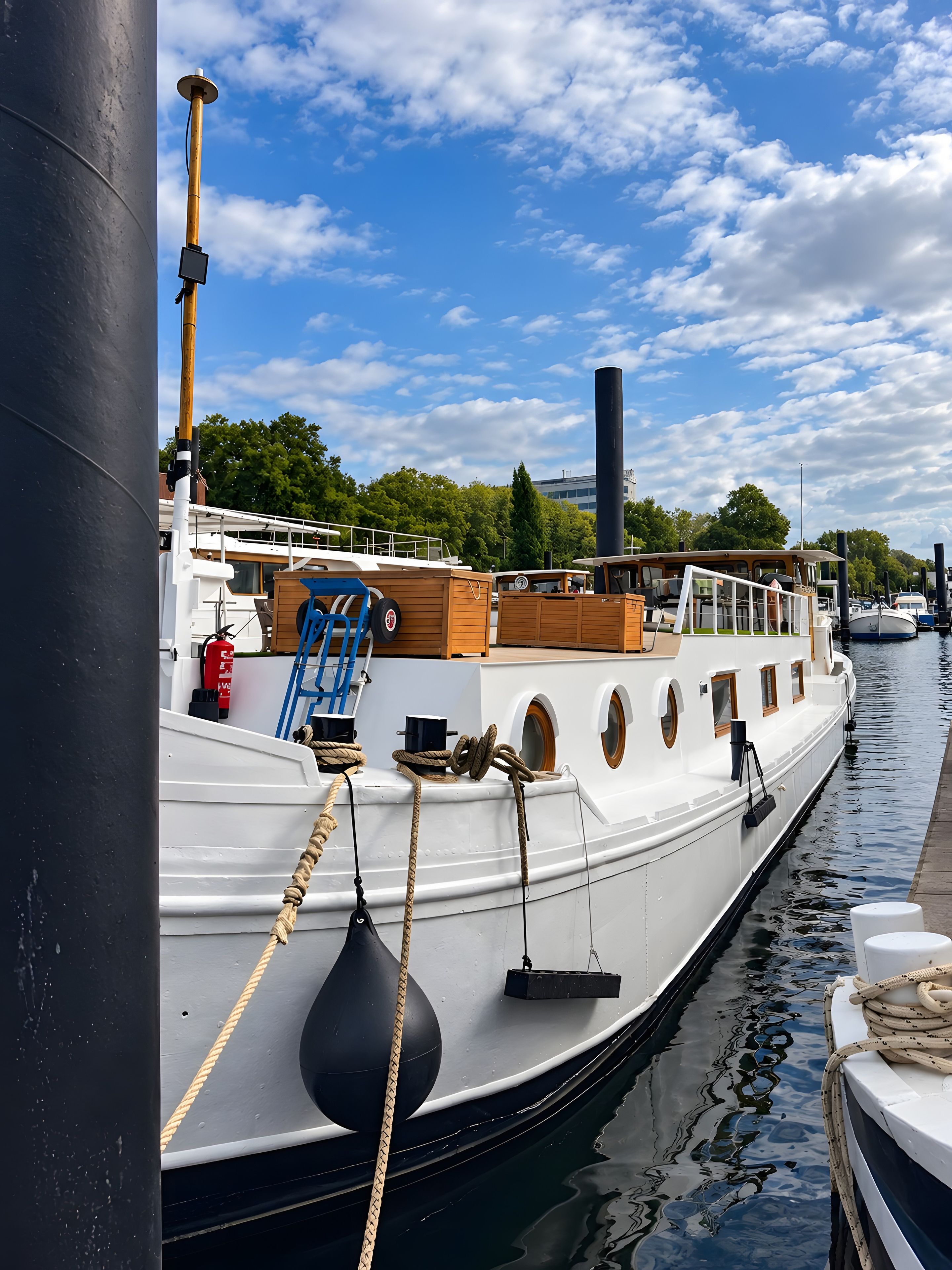 Ein weißes Boot liegt an einem Steg, in der Nähe befindet sich eine schwarze, zylinderförmige Struktur.