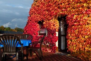 An outdoor seating area with a table and chairs, a covered entrance, and a wall covered in autumn leaves. - Holiday apartment with 2 bedrooms (Hohnstein)