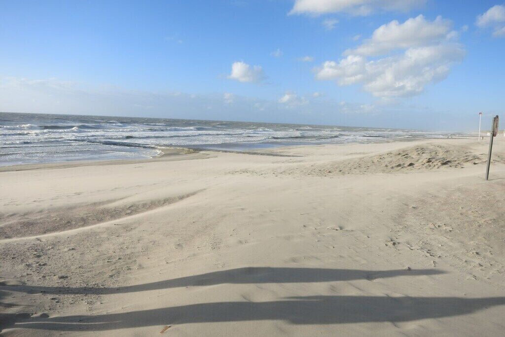 Ein Strand mit Sand und Wellen, ein klarer Himmel und eine Fahnenmasten.