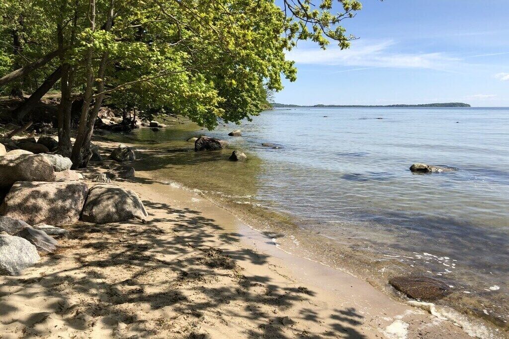 Ein Strand mit klarem Wasser, Felsen und einem Baum, der Schatten spendet.