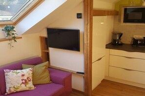 Ein gemütlicher Wohnraum mit einer Couch, einem flachbildfernseher an der Wand, einer Küchenzeile mit einer Mikrowelle und einem kleinen Fenster mit einer Pflanze.