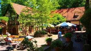 Un espace café en plein air, avec des tables et des chaises, entouré d’arbres et de bâtiments aux toits rouges.
