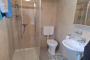 A bathroom with a glass-enclosed shower, a toilet, and a sink. - in the Landfrieden House (Leutasch)