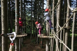 Um percurso de aventura ao ar livre com cordas e plataformas.