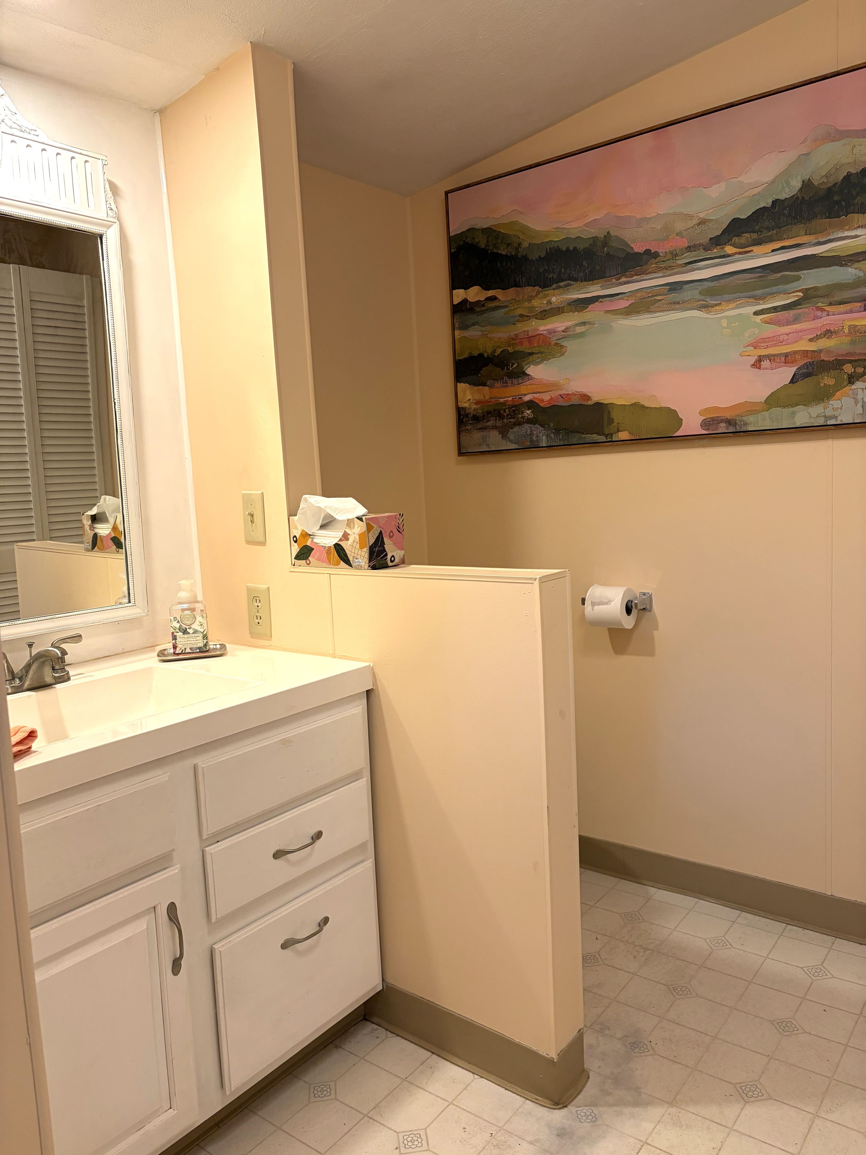 A bathroom with a white vanity, a mirror, a sink, a toilet, and a painting of a landscape.