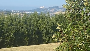 Et landskab med en klar himmel, en bakke med en bygning øverst og frodig vegetation i forgrunden.