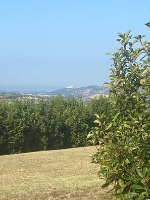 Paisatge amb un cel clar, un turó amb un edifici al cim i vegetació abundant a primer pla.