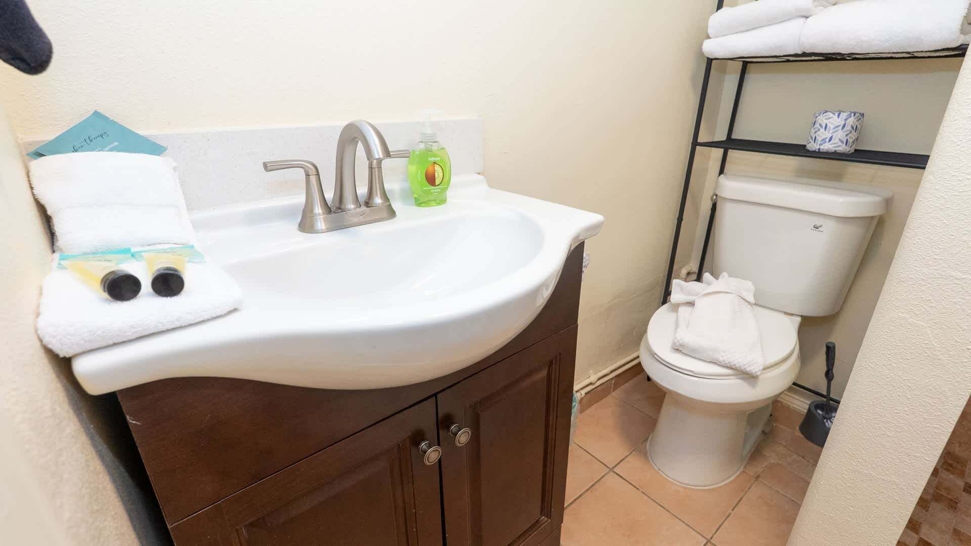 Een badkamer met een wit wastafel, toilet en handdoekhouder.