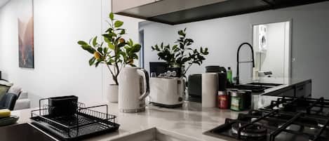 Une cuisine moderne équipée d’une cuisinière à gaz, d’une bouilloire, d’un grille-pain et d’un évier.