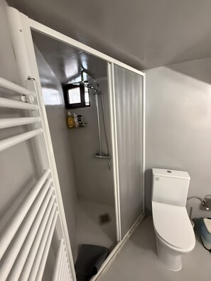 Un bagno con doccia, wc e porta asciugamani.