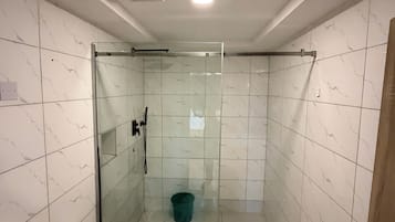 A bathroom with a glass-enclosed shower, a toilet, and a bucket.