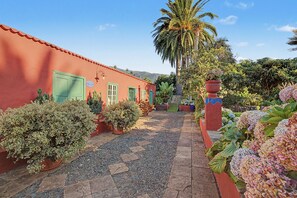 Un chemin mène à un bâtiment à la façade rouge, entouré de différents pots de plantes et d’un palmier.