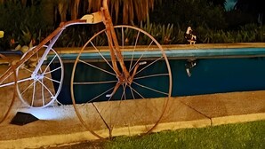 Ein Fahrrad, geparkt am Pool, mit Palmen und Nachthimmel.