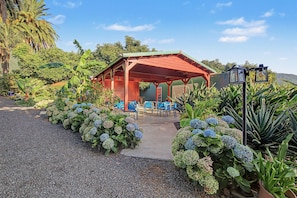 A covered outdoor seating area with blue chairs and a red roof, surrounded by lush greenery and hydrangea bushes. - Suite Balcony Room with Mountain Views, Shared Pool & Wi-Fi (Breña Alta)