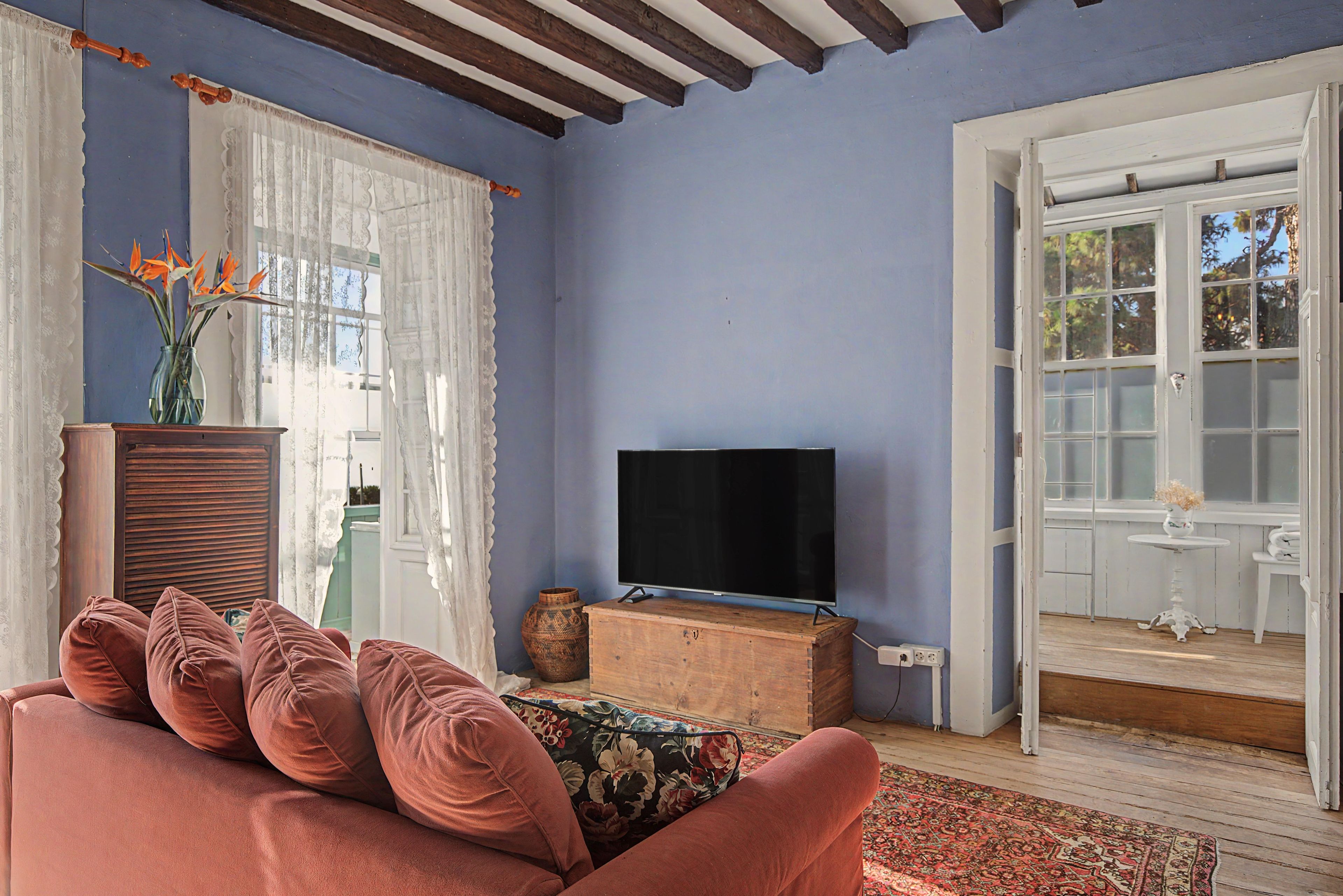 Un soggiorno con un divano, una televisione, un vaso con fiori e una porta che dà sull'esterno.